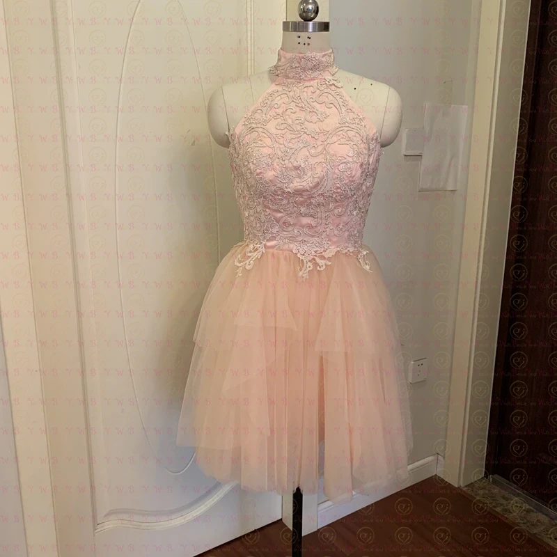 Lace Prom Dresses Pink Short Ball Gown Halter Neckline Appliques Sleeveless Formal Party Evening Gowns OPen Back Mini