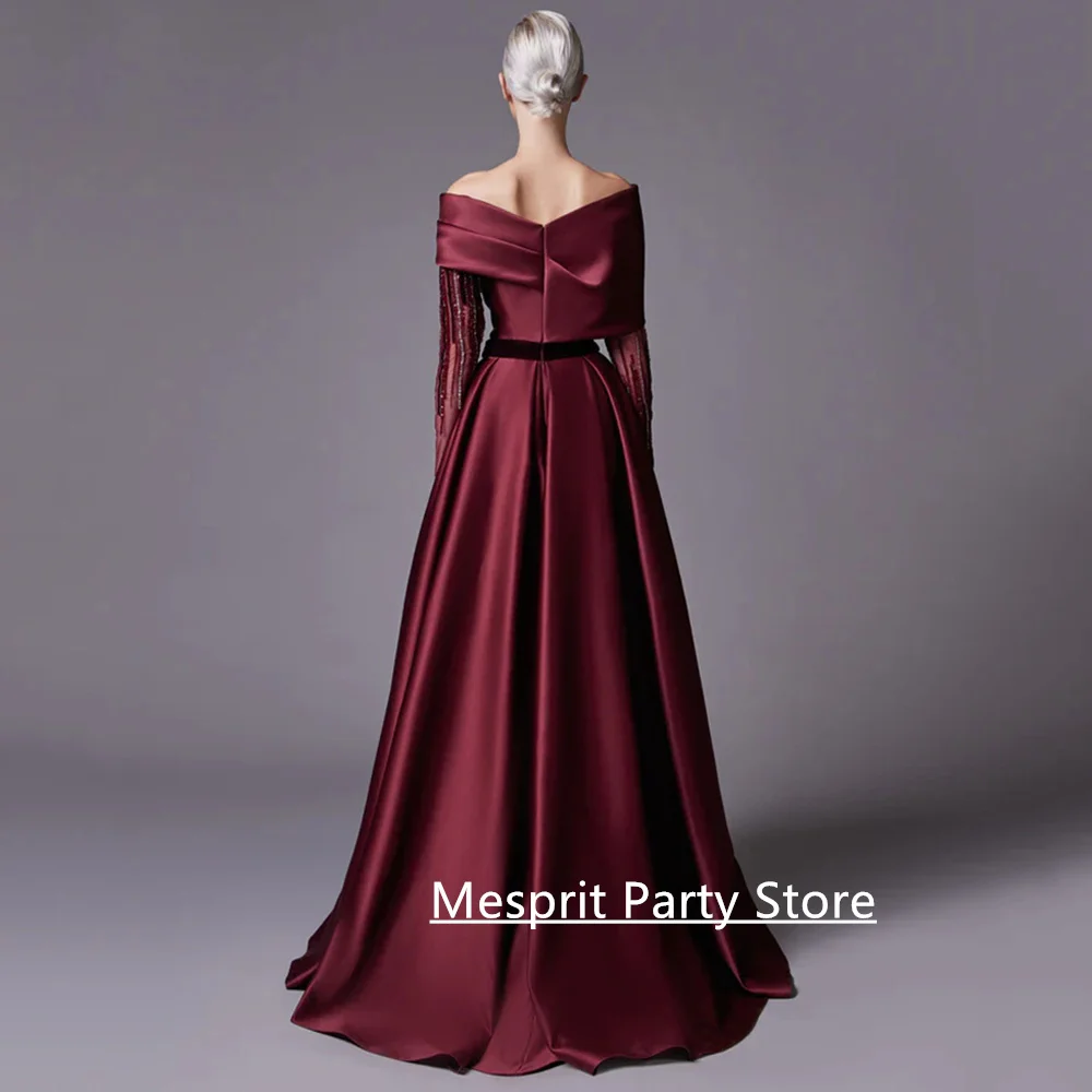 Robe de bal bordeaux Sexy, personnalisée, col bateau, perles, manches longues, fente haute, ligne A, robe de soirée en Satin, robes de soirée