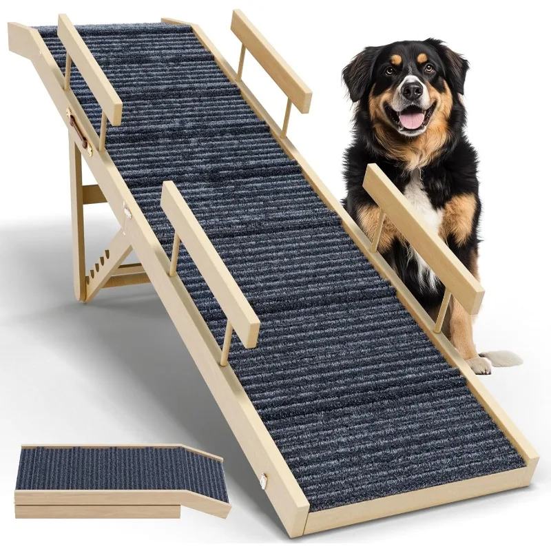 

Wooden Dog Ramp for Bed,Extra Long 64" Folding Pet Ramp Adjustable Height 24" to 30"，Portable Pet Ramp for Couch,Car, Bed