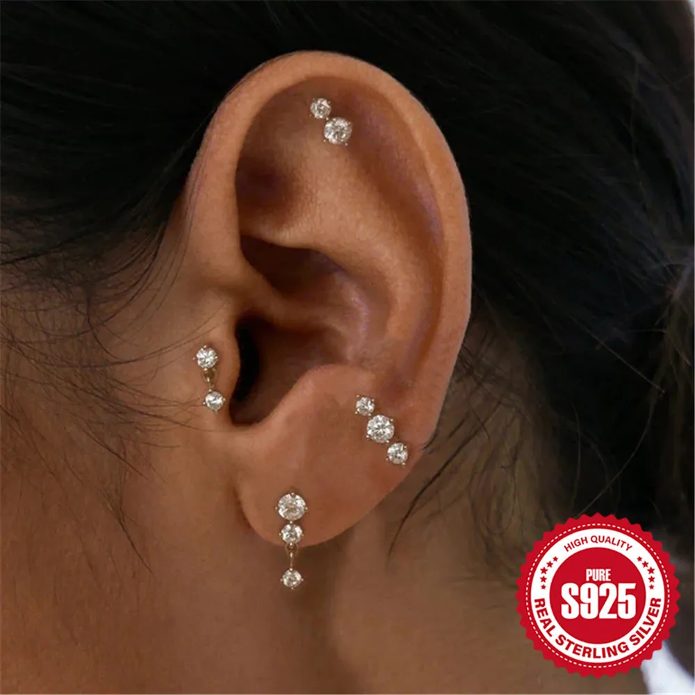 100% 925 Sterling Silver Zircon Geometric Earrings for Woman Girl Simple Irregular Round Design Jewelry Party Gift Dropshipping