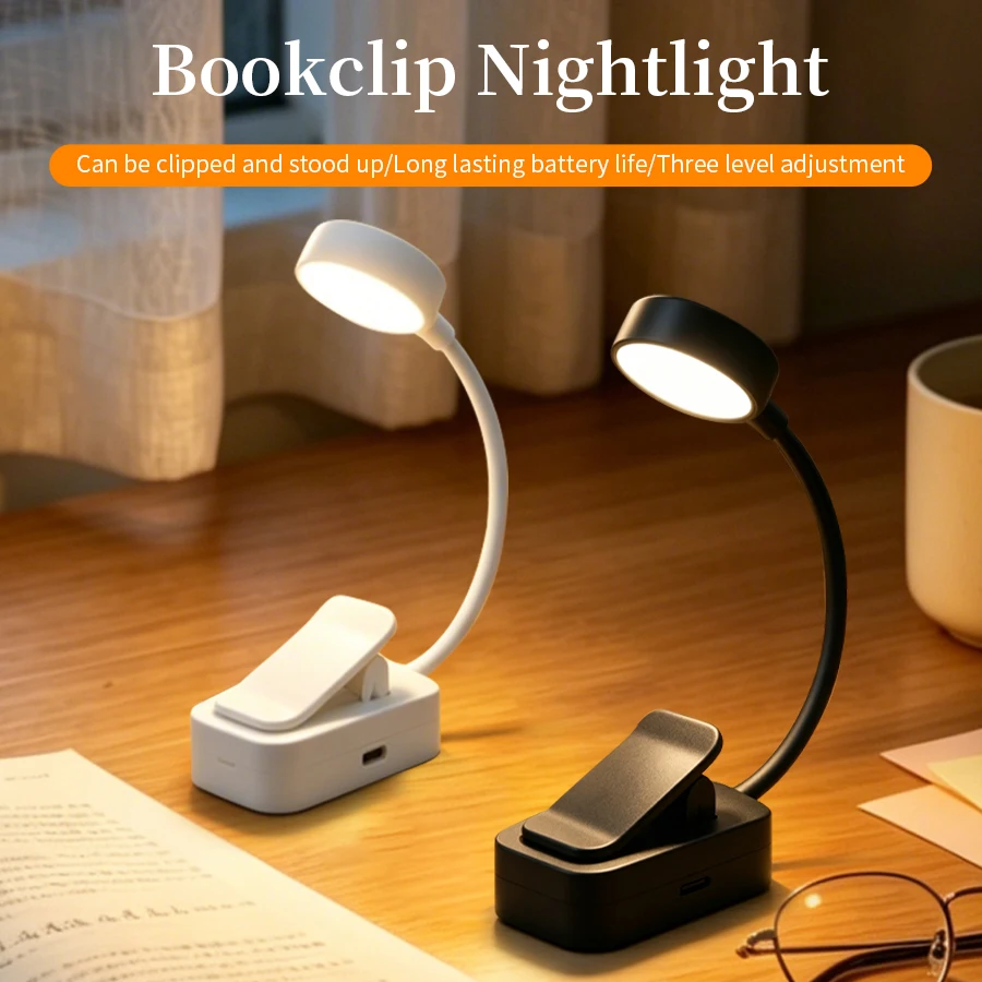 LED Desk Lamp Rechargeable Clip-On Book Light Eye Protection Portable 3 Colors Dimmable For Bedroom Study Reading Lighting