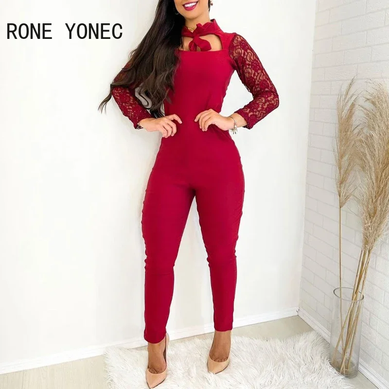 

Women Solid Elegant Long Lace Sleeves Asymmetrical Neck Bodycon Skinny Working Red Jumpsuit