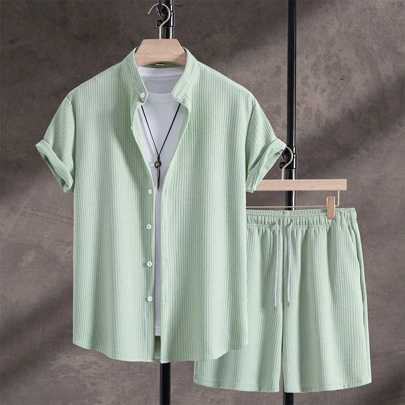 

Гавайский спортивный костюм для мужчин, пляжный стиль, фактурный ансамбль, рубашки с короткими рукавами + шорты, костюмы из 2 предметов, отпускная одежда