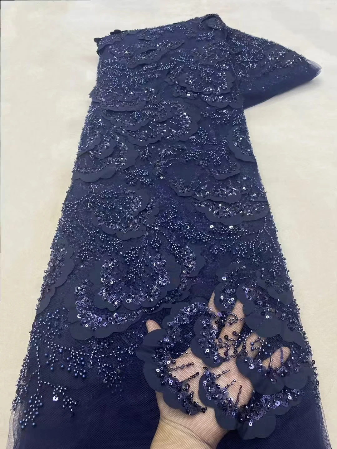 

2025 Latest Navy Blue Handmade Beads African Lace Fabric High Quality Sequins Beaded French Nigerian Party Lace Fabric LXX25101