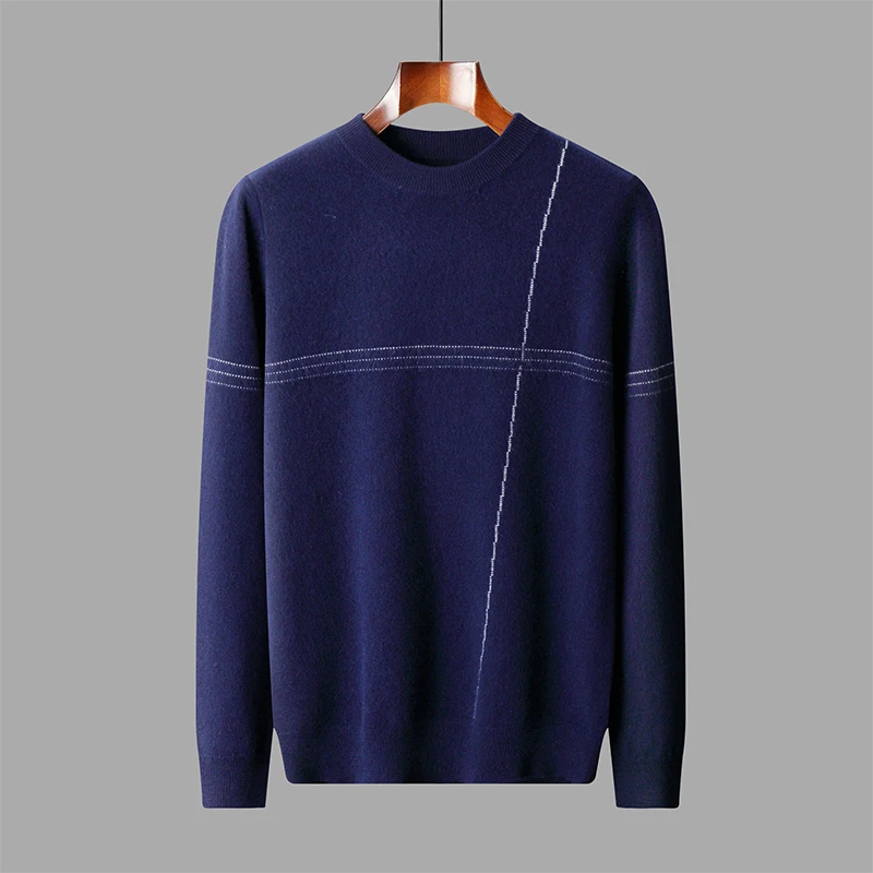 White strip Autumn/Winter new 100% Merino wool cashmere sweater men's half turtleneck pullover warm bottom knit shirt top