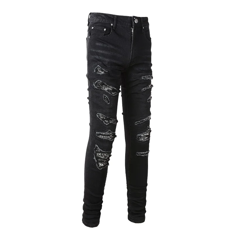 Men's Distressed High Street Black Slim Fit Stretch Paisley Bandanna Patches Holes Ripped Jeans