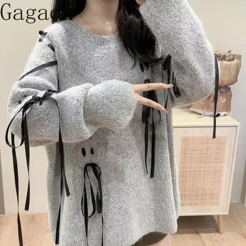 Gagaok Korean Fashion Pull Femme 2024 Autumn Sweet Bow Bandage Sweater Top Knitwear Gentle O Neck Warm Knitted Pullover