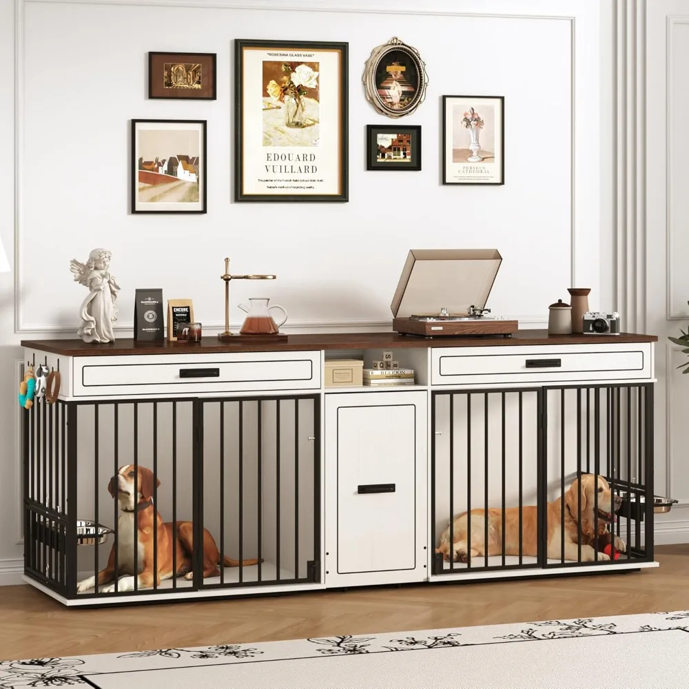 

Dog Crate Furniture Large Breed TV Stand with Double Rooms, Wooden Dog Kennel Furniture with Dog Bowl, 2 Drawers and Cabine