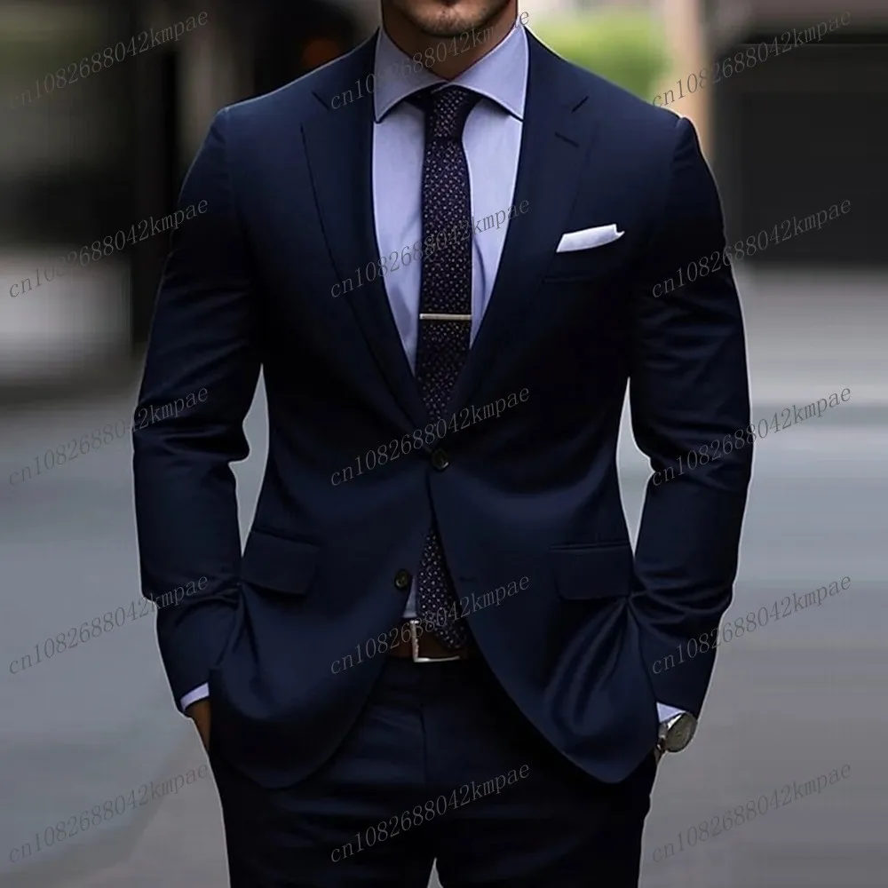 

Navy Blue Men Suit Groom Groomsman Wedding Party Business Prom Formal Occasion Costume Male Tuxedos 2 Piece Set Blazer Pants