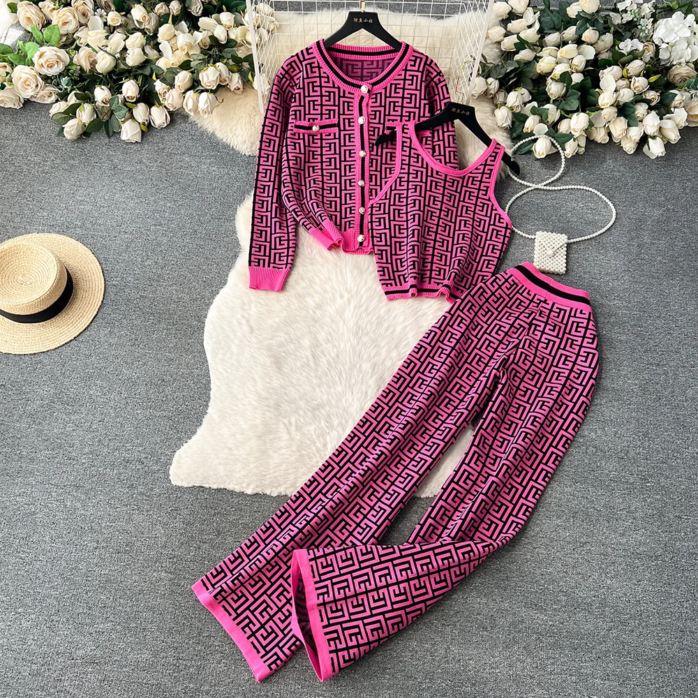 Croysier Casual Geometric Knit 3 Piece Set Women Outfit 2023 Loose Cardigan Sweater + V Neck Top + Wide Leg Pants Matching Sets