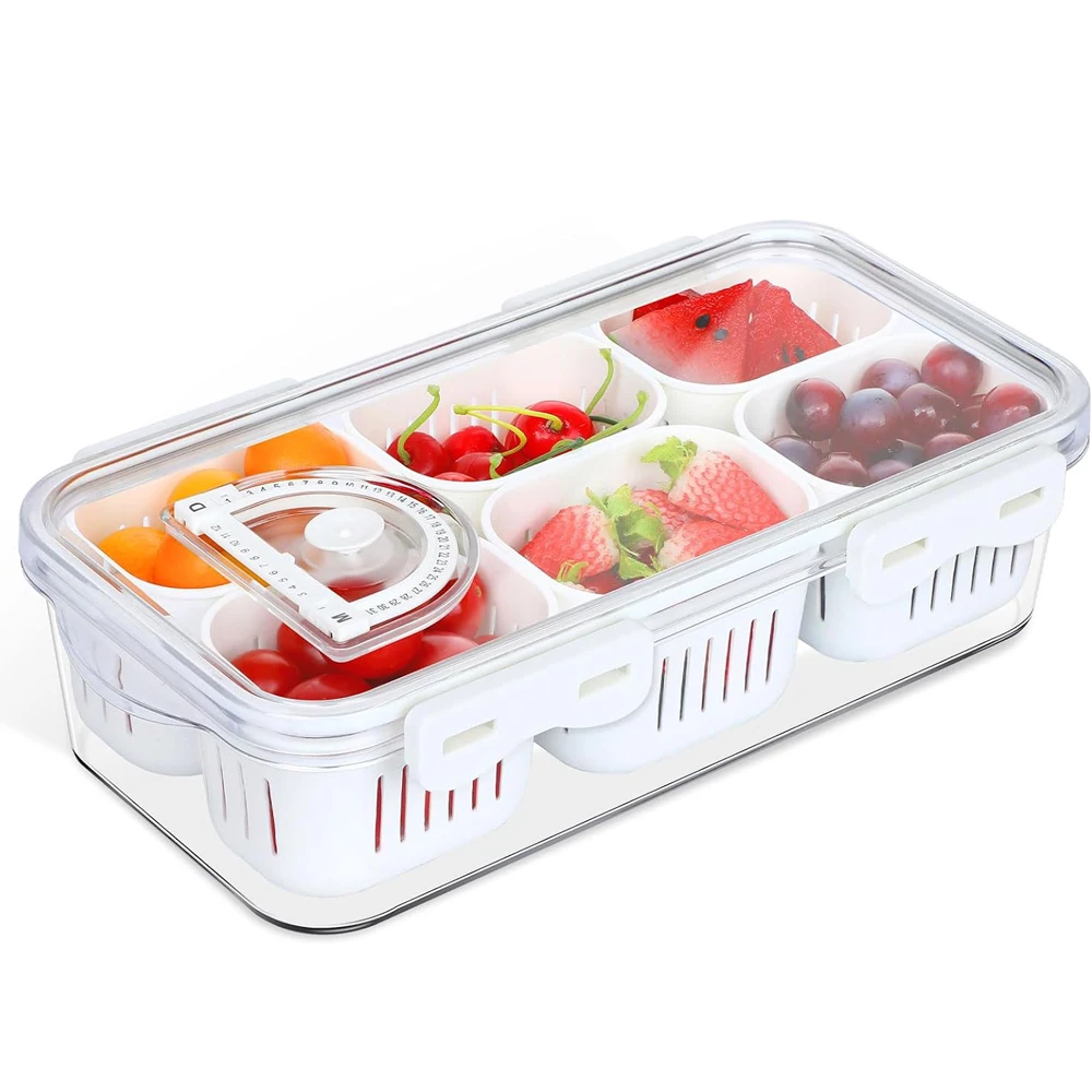 1PCS divider tray with lid, fruit storage container for refrigerator, snack box, portable food storage container with 6 compartm