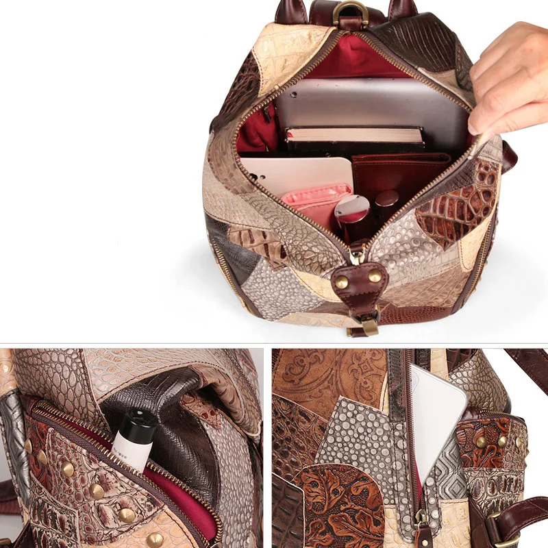 กระเป๋าเป้สะพายหลังกระเป๋าสะพายหลังหนังแท้แท้หลากสีตัดกันหลากสีกระเป๋าเป้แฟชั่นความจุขนาดใหญ่การเดินทางกระเป๋าเป้หลากสี