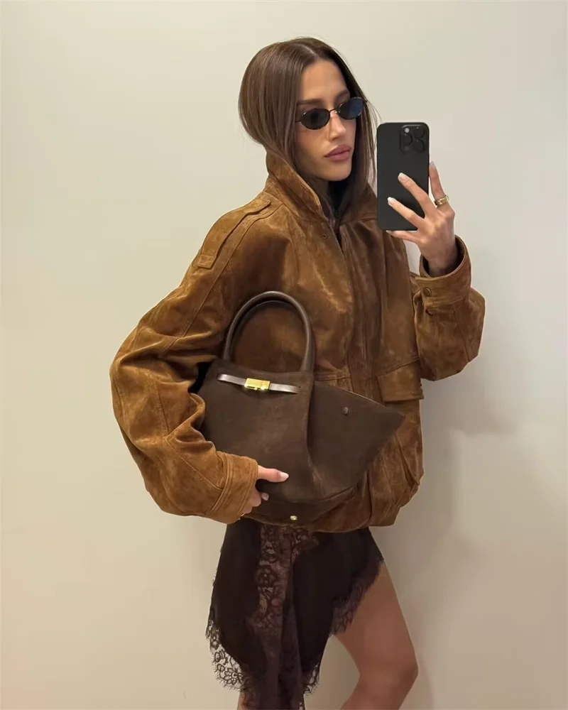 Guobioziy Women's Jacket 2026 Autumn/Winter New Style Camel Long-Sleeve Suede Fleece Pocket-Decorated Simple Loose Jacket Parka