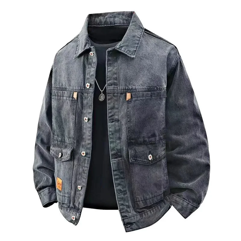 Men's Denim Work Jacket Multi-Pocket Casual Wear Resistant Autumn Winter Coat Loose Fit Long Sleeve Cotton Thickened Jacket