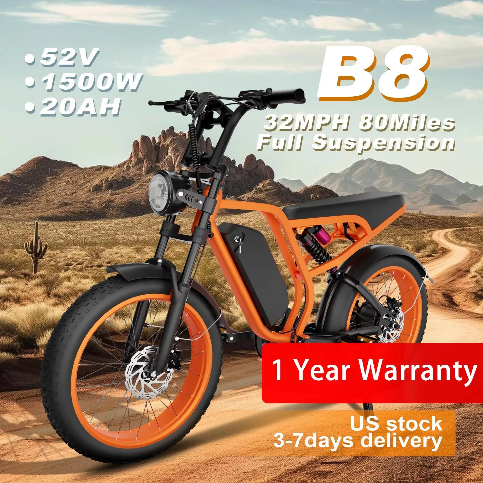 

Электрический велосипед B8: двигатель 52 В, 1500 Вт, максимальная скорость 32 миль в час, дальность действия 80 мили, съемный аккумулятор