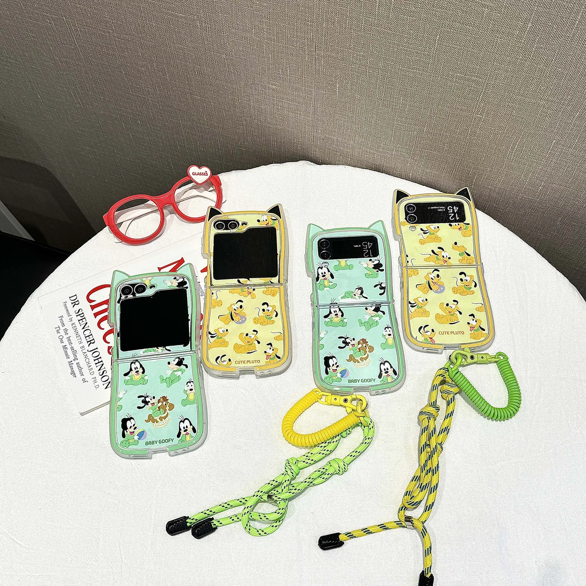 Hot Cute Disneies Pluto Goofy Goof 3D Ear Cat with Lanyard Phone Case for Samsung Galaxy Z Flip 3 4 5 6 5G PC Back Cover Funda