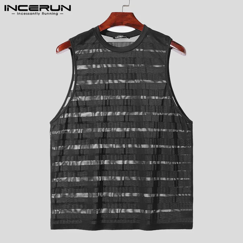 2024 Men Tank Tops Mesh Striped Transparent O-neck Sleeveless Summer Casual Vests Streetwear Sexy Fashion Men Clothing INCERUN