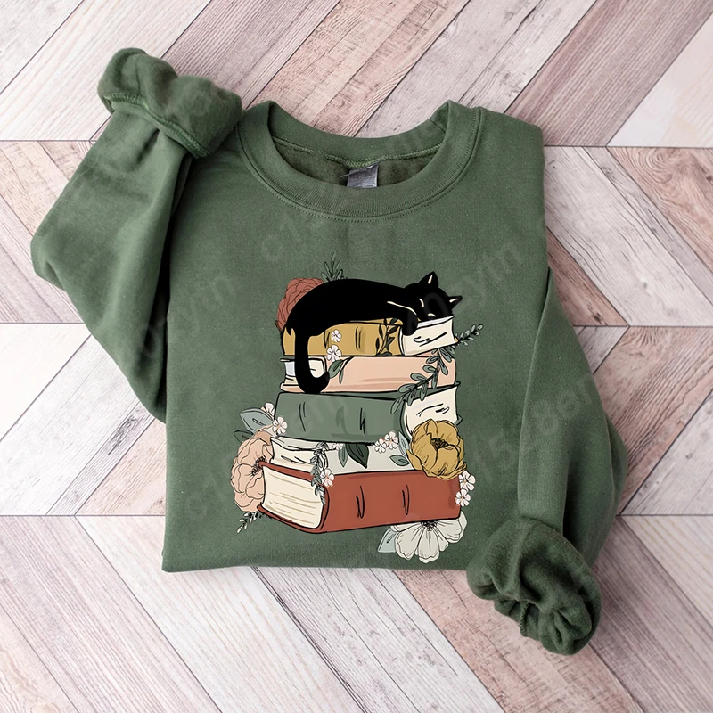 Cat Book Sweatshirt, Books and Cats Sweatshirts, Reading Pullovers, Cat Lover Shirts, Casual Long Sleeves, Women Sweatshirts