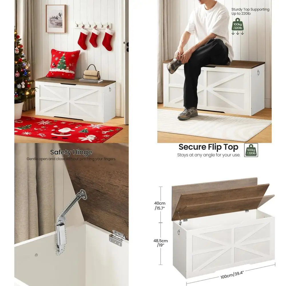 

Modern Farmhouse Wooden Storage Trunk, 39.4 Toy Box with Safety Hinges, Walnut & White MCW10WL