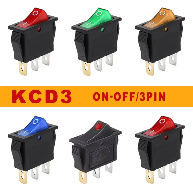 5/20 pces kcd3 interruptor rocker 3 pinos 2 posições liga/desliga 16a 250v 220v 20a interruptor de alternância elétrico em forma de barco com luz led