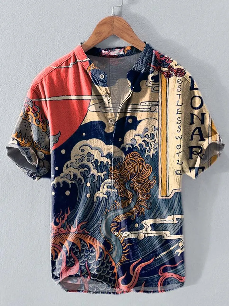 

New men's casual and fashionable short sleeved linen shirt, retro men's trendy shopping punk