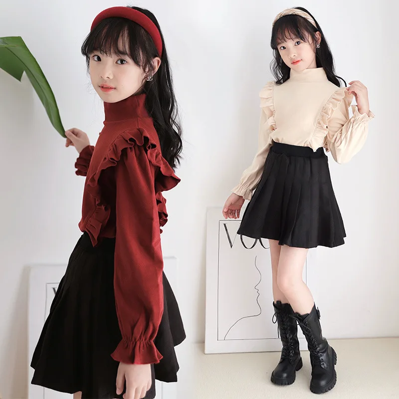 Korean Spring Autumn Children Girl Plus Velvet Undershirt Elementary Girl High Collar Flounce Long Sleeve School Girl Warm Tops