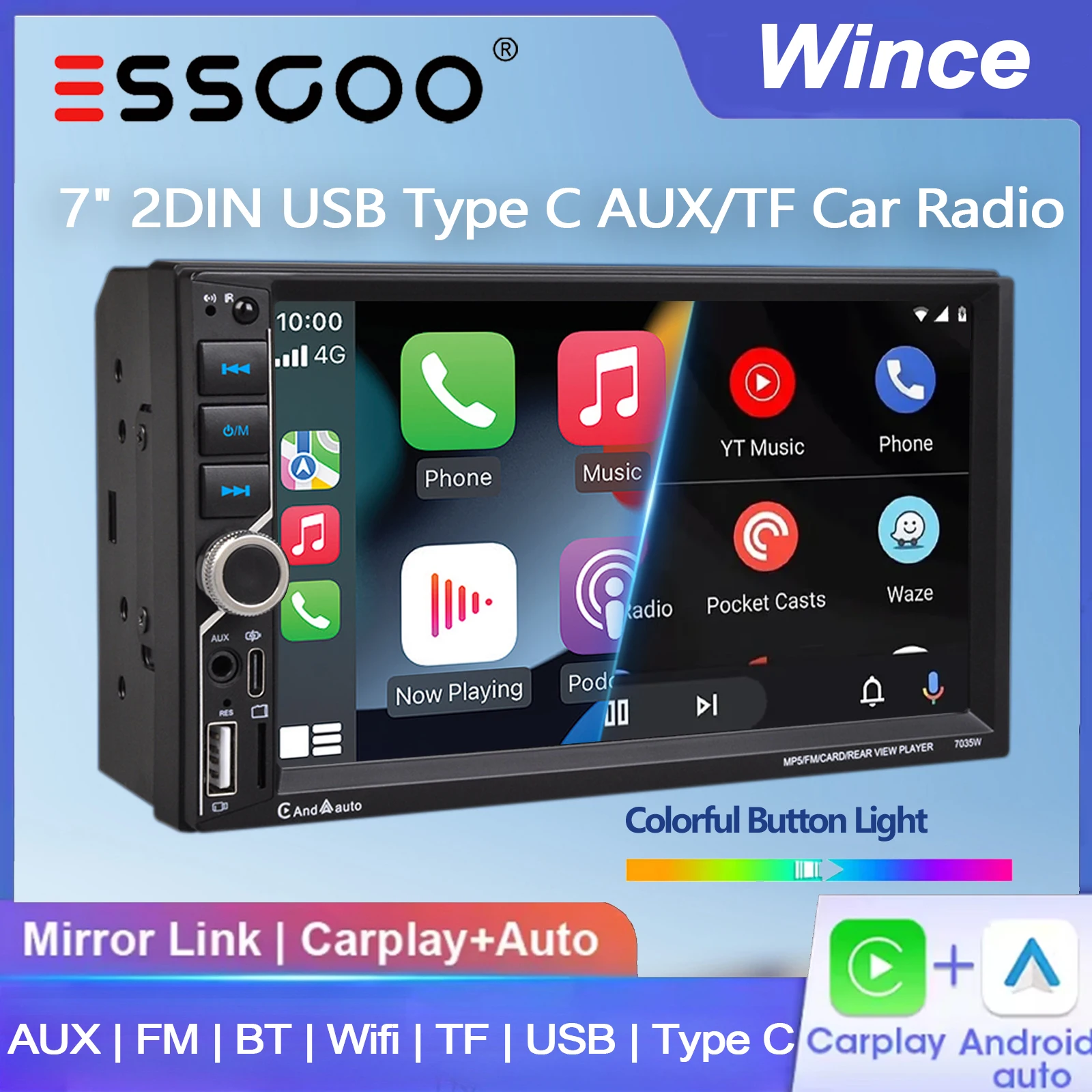 ESSGOO Autoradio Universale 7" Doppio 2 DIN con Carplay Wireless, Android Auto, Bluetooth, FM, USB, AUX, TF, EQ, Mirror Link, SWC, Type C, Lettore Multimediale Video MP5