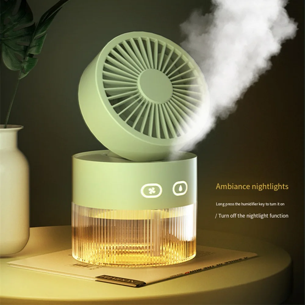 

Cooling Fan with Night light and 350ml Water Tank, Rechargeable Desktop Fan for Outdoor Travel Car, Misting Fans with Humidifier