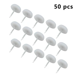 50pcs Furniture Feet Nails Stick-on Glide Skid Pad Screw-in 14mm Lat-Bottom Mini Round Chair Table Leg Protector White Plastic