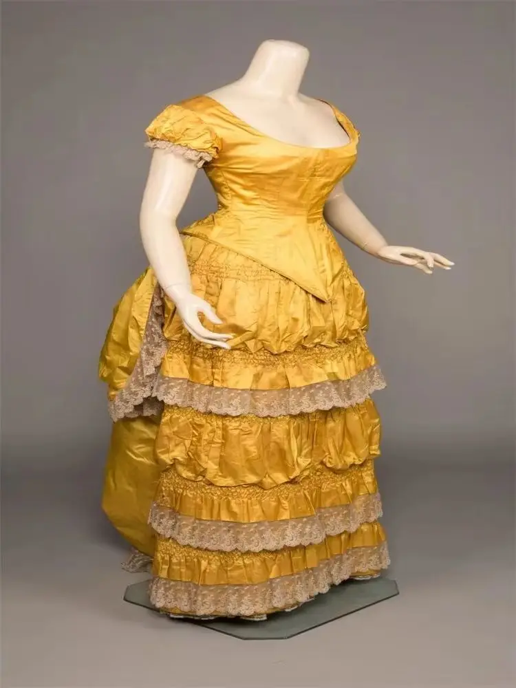 

Средневековое бальное платье Goldenrod Bustle 1880-х годов, нарядное желтое платье, костюм для женщин, наряд эпохи Возрождения