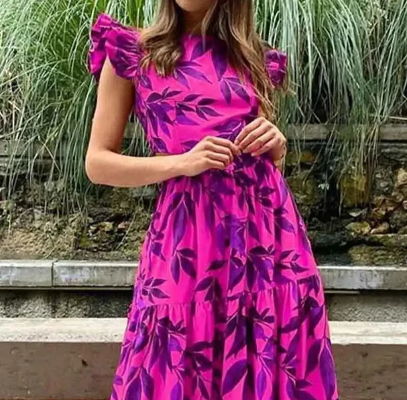 Robes pour femmes printemps nouvelle mode imprimé tempérament manches volantes taille haute robe longue décontractée