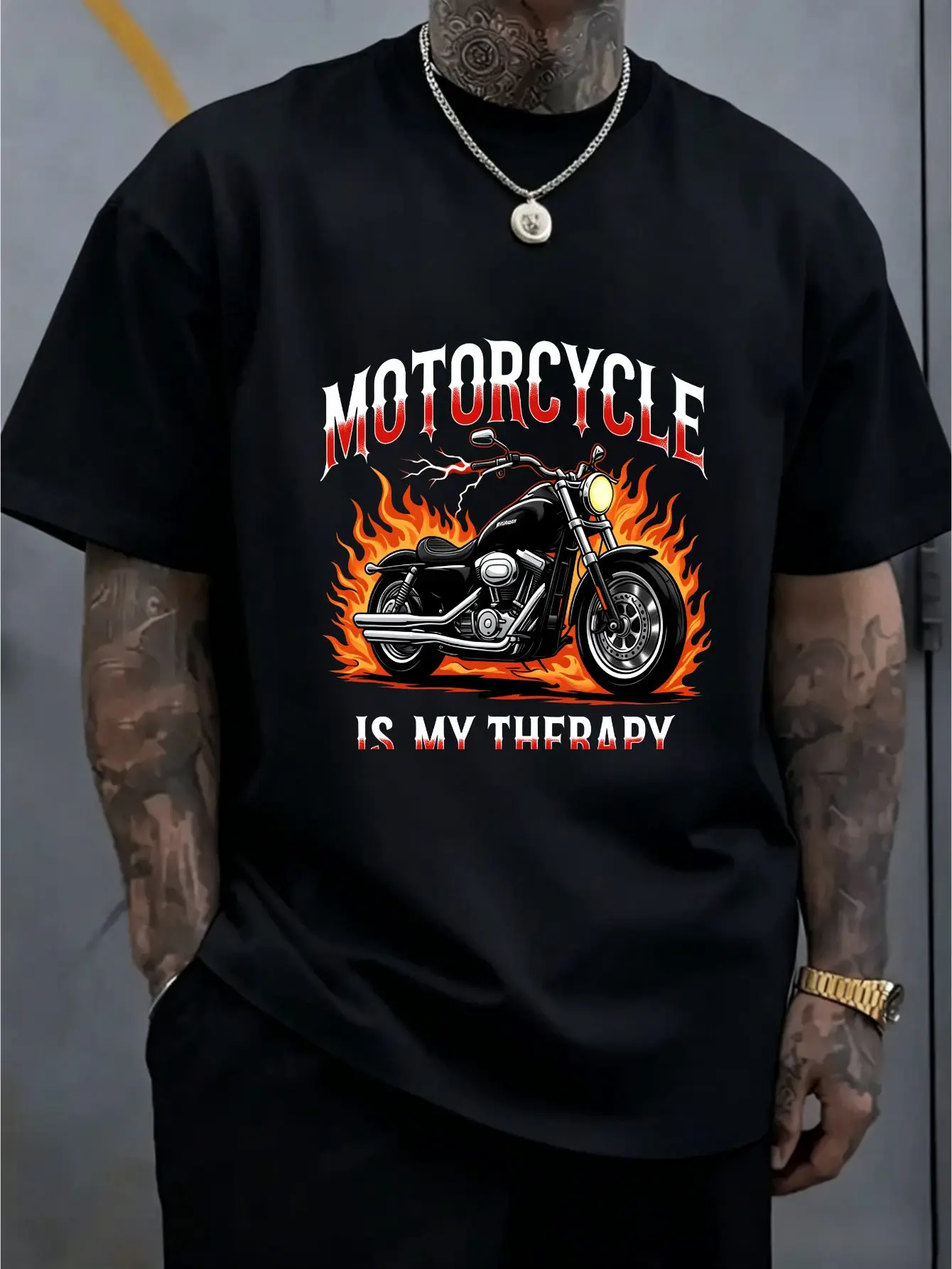 Men Retro Flame Motorcycle Print Tee Cotton Loose Short Sleeve Biker Punk Street Top Male Road Trip Summer Daily Casual Outfit