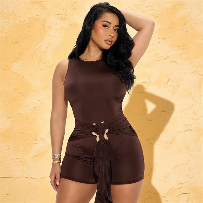 Doyerl Elegant Bodycon Playsuits Woman Romper Club Wear Party Skinny Metal Ring Button Ruched Jumpsuit with Ribbon Combishort