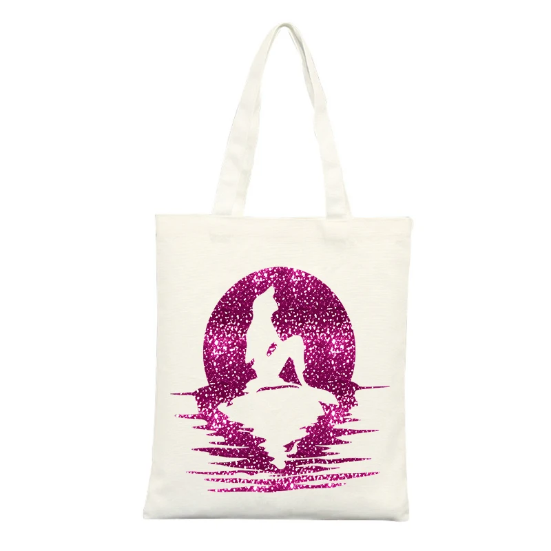 Mermaid Silhouette Canvas Tote Bag with Glitter Moon Graphic, Ideal for Casual Outings and Summer Shopping