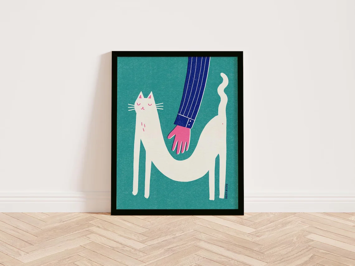Modernist Cat Petting Wall Art - Stylized Graphic Print Evoking the Calm of a Content Cat, with a bold color palette of teal, wh