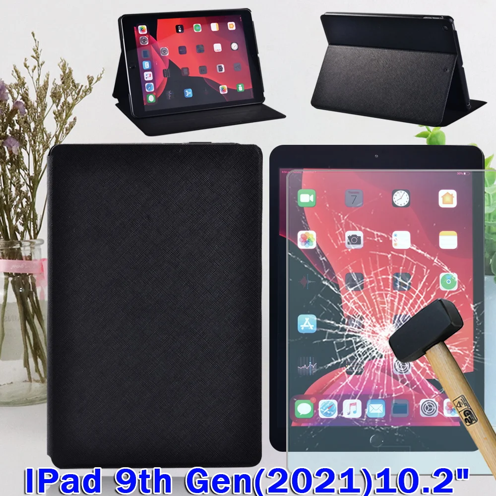 Tablet Case for Apple iPad 10.2 inch 9th Generation 2021 Anti-fall Funda Leather Black Protective Shell Cover + Tempered Glass