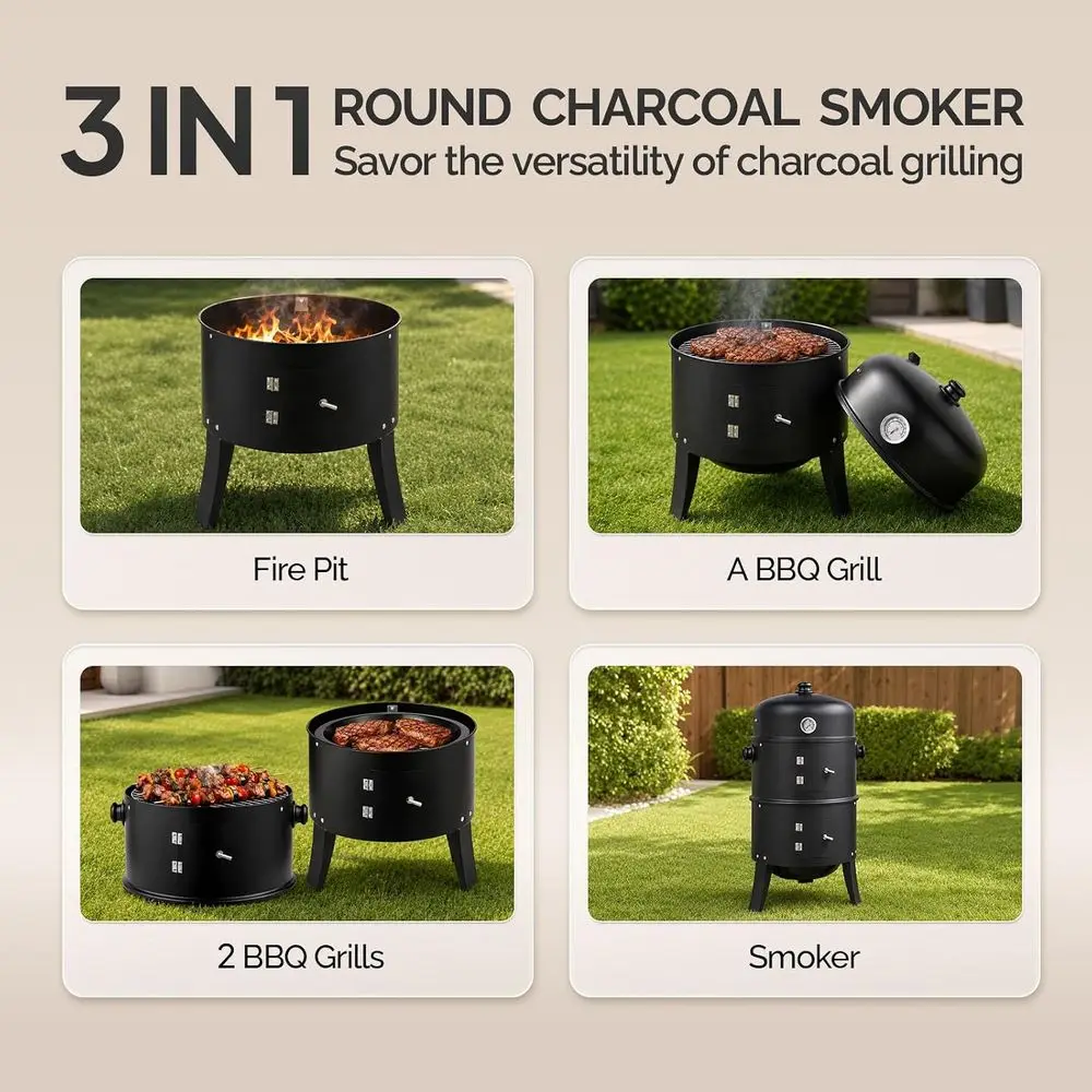 18 Inch Multi-Layer Charcoal BBQ Smoker Grill, Heavy Duty Round Grill, Veal Smoker with Thermometer, or Outdoor Cooking, Patio,