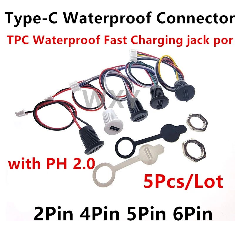 

2Pin 4Pin 5Pin 6Pin USB-C Connector Type-C Waterproof PH 2.0 nut locking Panel mounting TPC Waterproof Fast Charging jack por