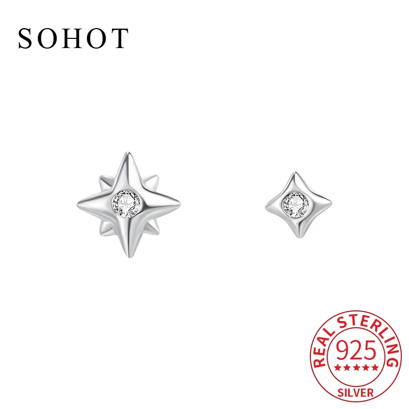 

Real 925 Sterling Silver Asymmetric Zircon Star Mini Stud Earrings for Women Cute Fine Jewelry Minimalist Daily Accessories