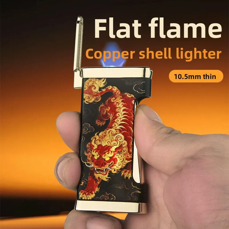 Thangka Wealth Deity Lighter, Slim Gold Black Metal Shell, Tibetan Art Print, Resonant Flip Sound, Windproof Jet Flame