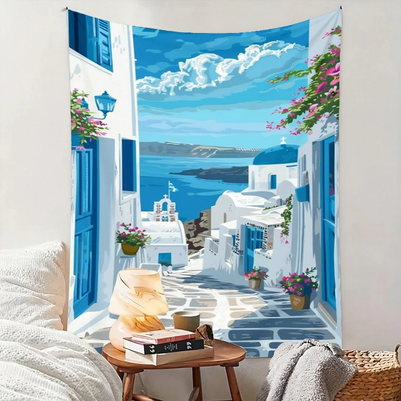 1PC Santorini Street Sea Art Print Backdrop Banner, Bedroom Living Room Photo Background, Polyester, Home Decor, Wall Art
