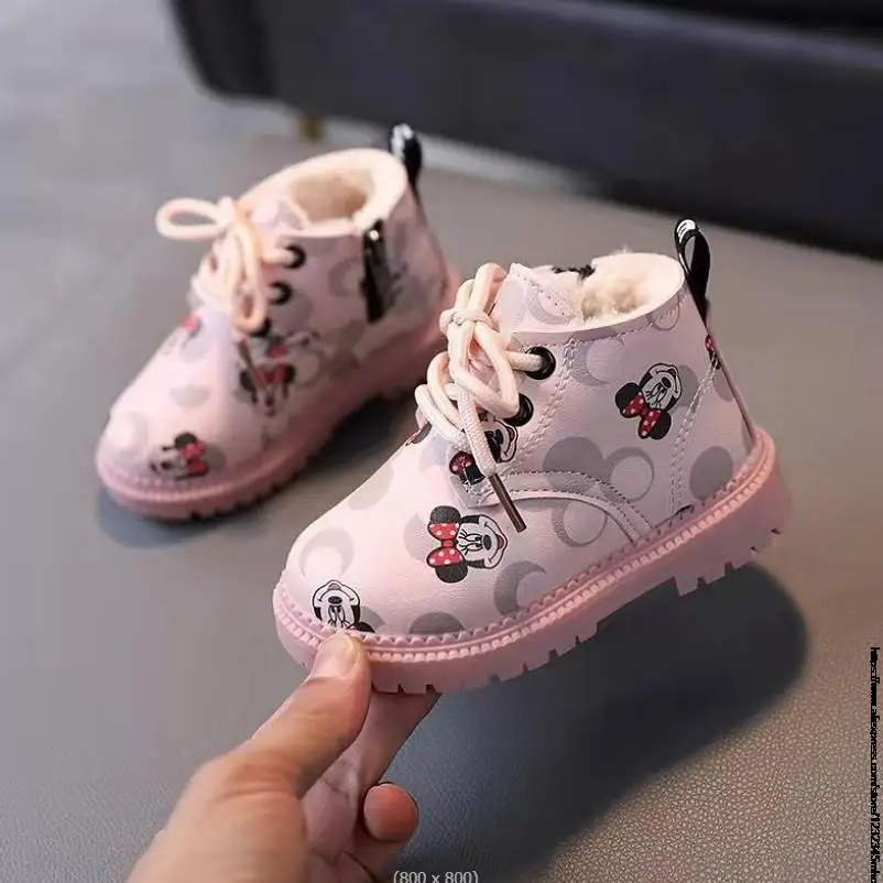 Disney Mickey Minnie Kids Toddler Boots For Girls Cotton Child Snow Boots Sneakers Warm Cartoon Boys Sports Outdoor Size 21-30