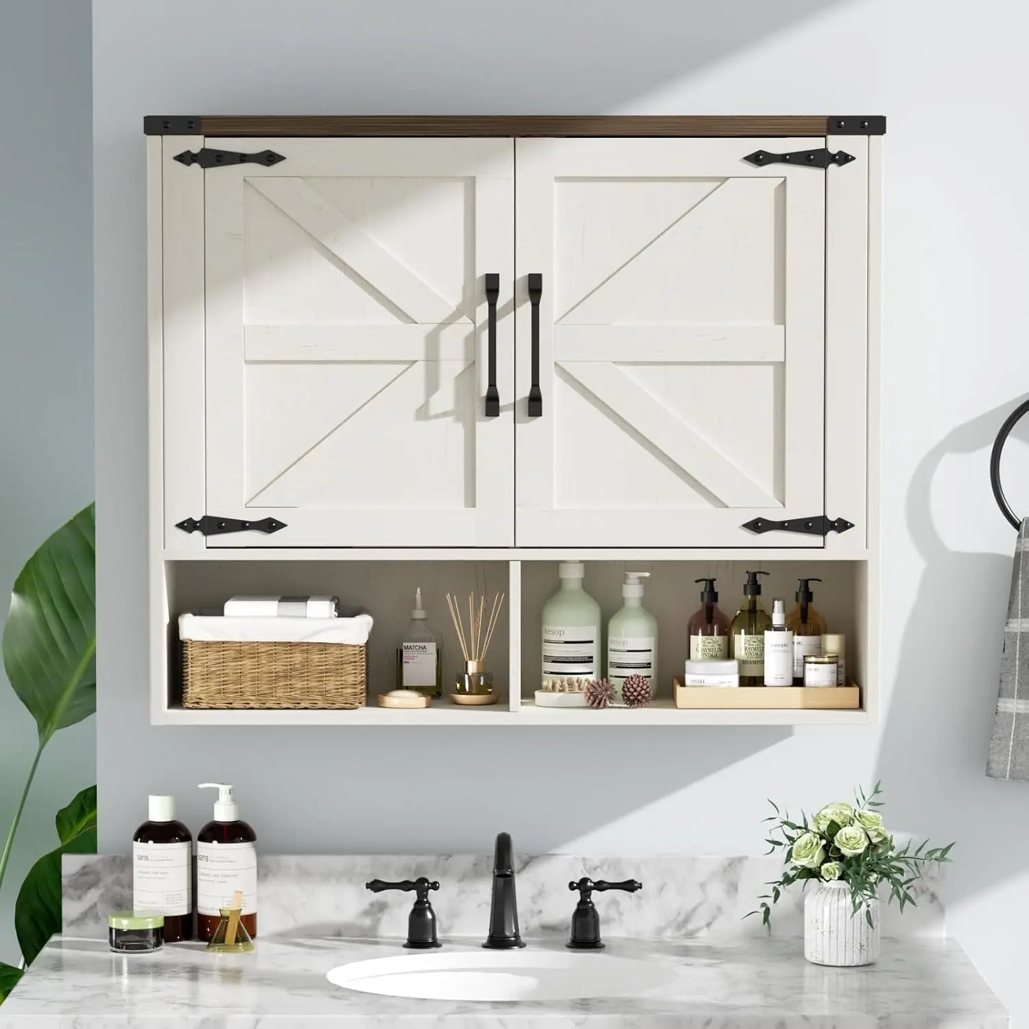 

Bathroom Wall Cabinet, 31.7''x31.7'' Wall Mounted Medicine Cabinet with 2 Doors, 2 Adjustable Shelves, 2 Open, Customized