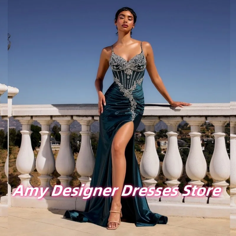 

Exquisite Straps High Split Prom Dress Evening Dresses For Women Long Beaded Applique Mermaid Wedding Party Gowns Customized