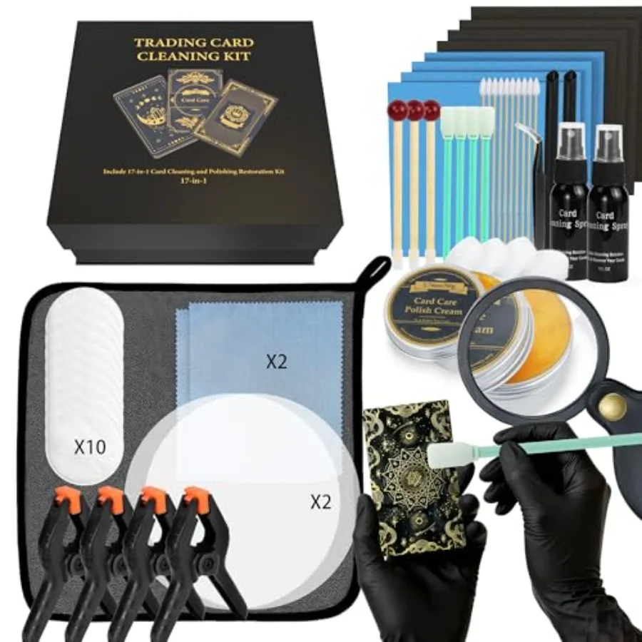 

Набор для ухода за картами 17-в-1: Комплект для чистки, полировки и восстановления коллекционных карт, включая спрей для чистки и черный спрей-праймер.
