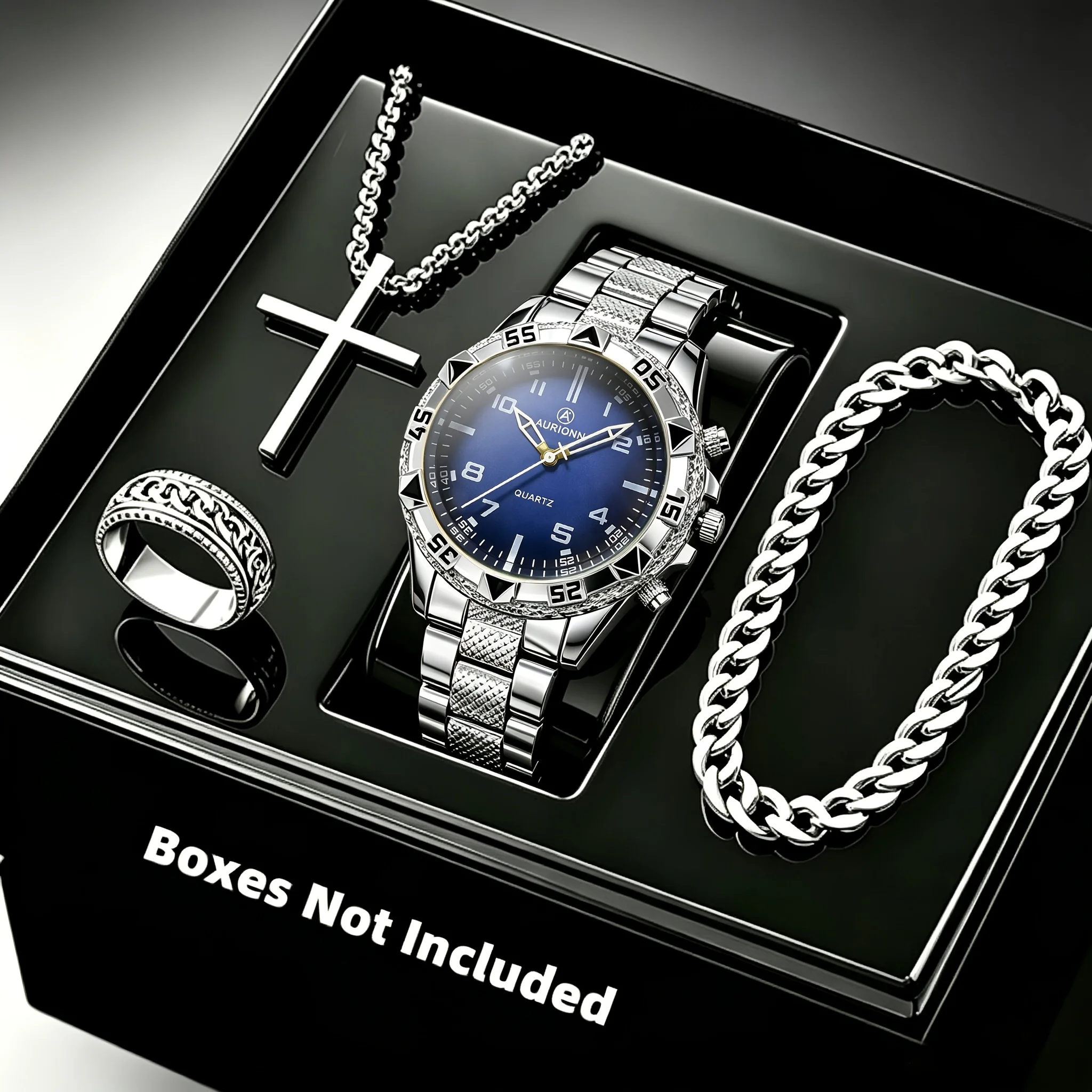 Men's Fashion Business 4-piece Set Quartz Watch with Crucifix Pendant Necklace, Bracelet and Ring Set - Alloy Strap