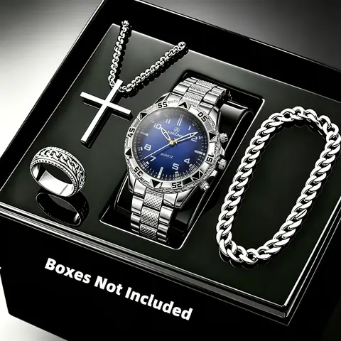 Men's Fashion Business 4-piece Set Quartz Watch with Crucifix Pendant Necklace, Bracelet and Ring Set - Alloy Strap