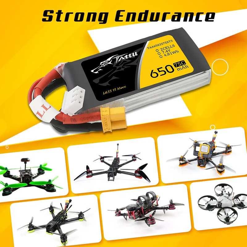 Nova bateria lipo tattu 2s 7.4v 650mah 75c para helicóptero rc quadcopter fpv peças de drone de corrida 7.4v bateria
