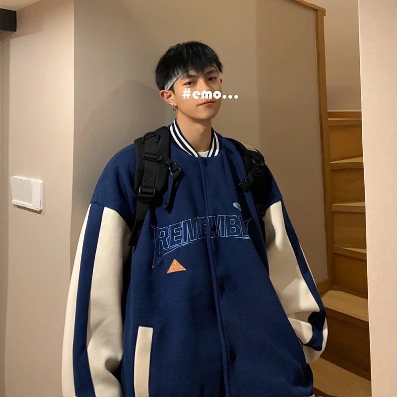 

2023 Woolen Baseball Coat Men's Autumn Fashion Embroidery Color Block Jacket ins Loose Casual Letter Top mens bomber jackets