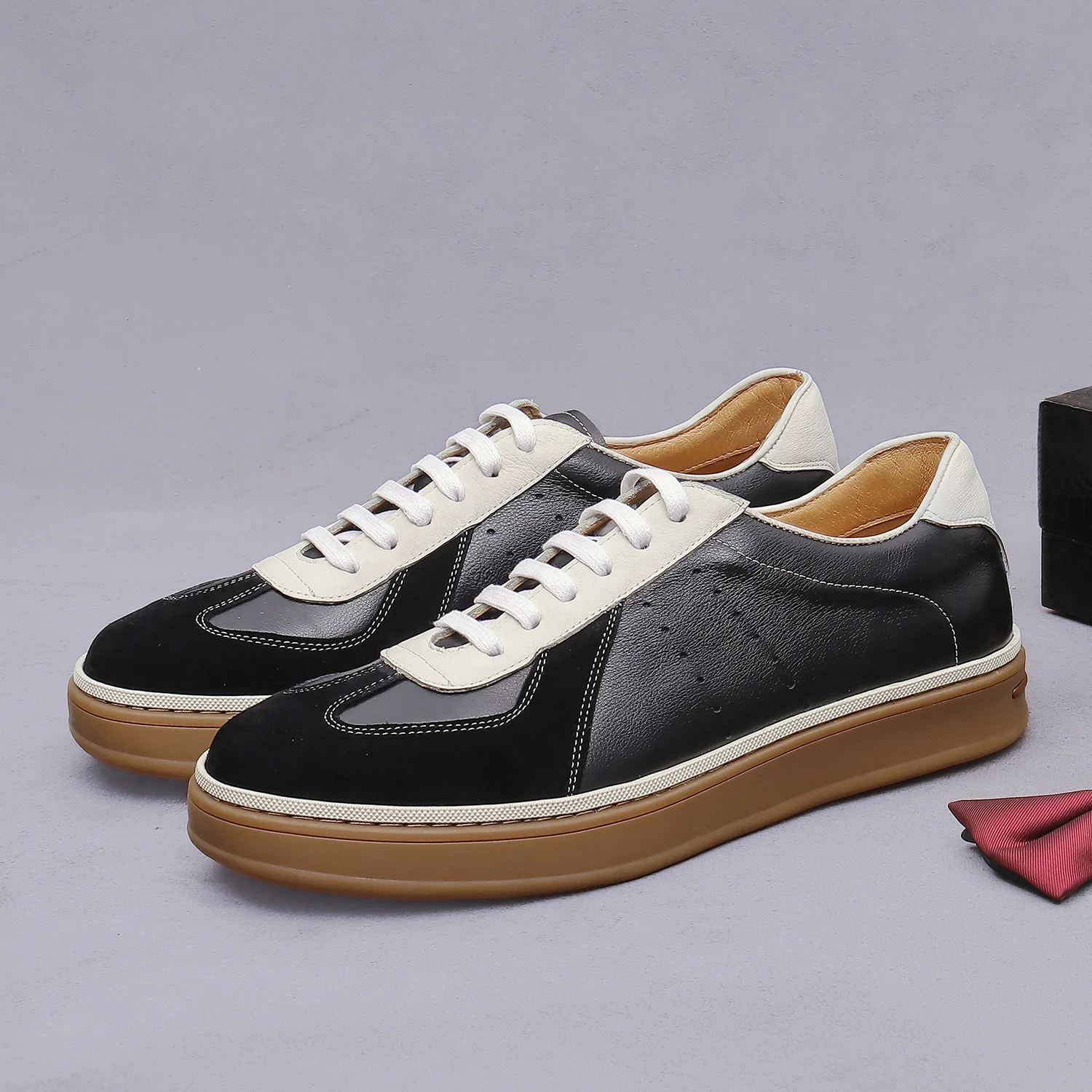 Men's Casual Shoes Genuine Leather Lace Up Flat Sneaker Mixed Color Stitching Thick Rubber Sole Breathable Social Daily Footwear